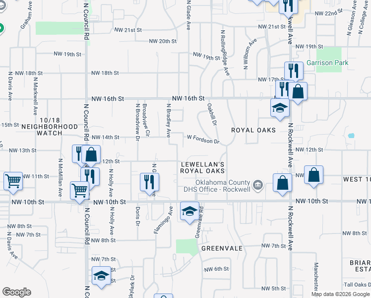 map of restaurants, bars, coffee shops, grocery stores, and more near 7536 West Fordson Drive in Oklahoma City