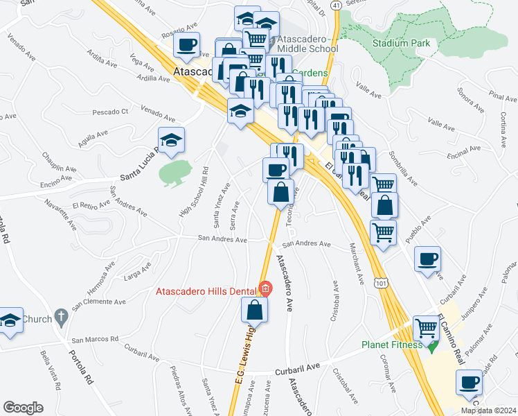 map of restaurants, bars, coffee shops, grocery stores, and more near 6855 Atascadero Avenue in Atascadero