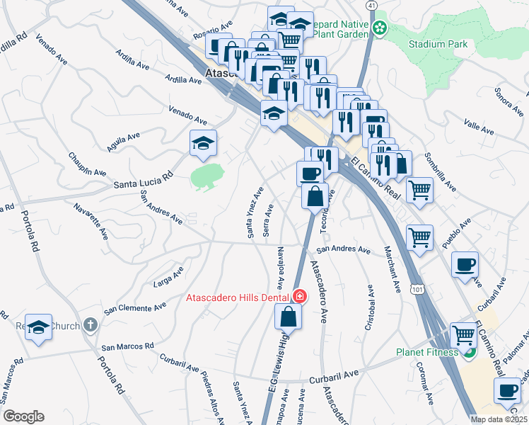map of restaurants, bars, coffee shops, grocery stores, and more near 6720 Serra Avenue in Atascadero