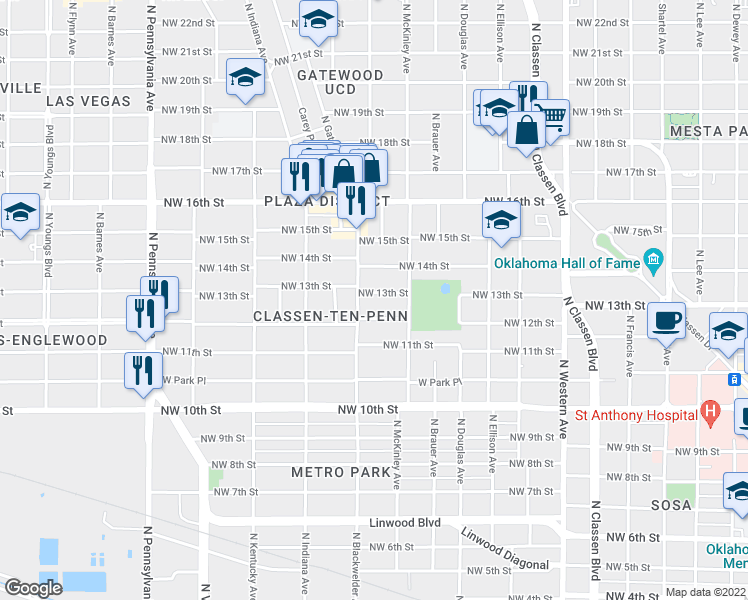 map of restaurants, bars, coffee shops, grocery stores, and more near 1612 Northwest 13th Street in Oklahoma City