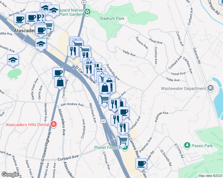 map of restaurants, bars, coffee shops, grocery stores, and more near 7408 Santa Ysabel Avenue in Atascadero