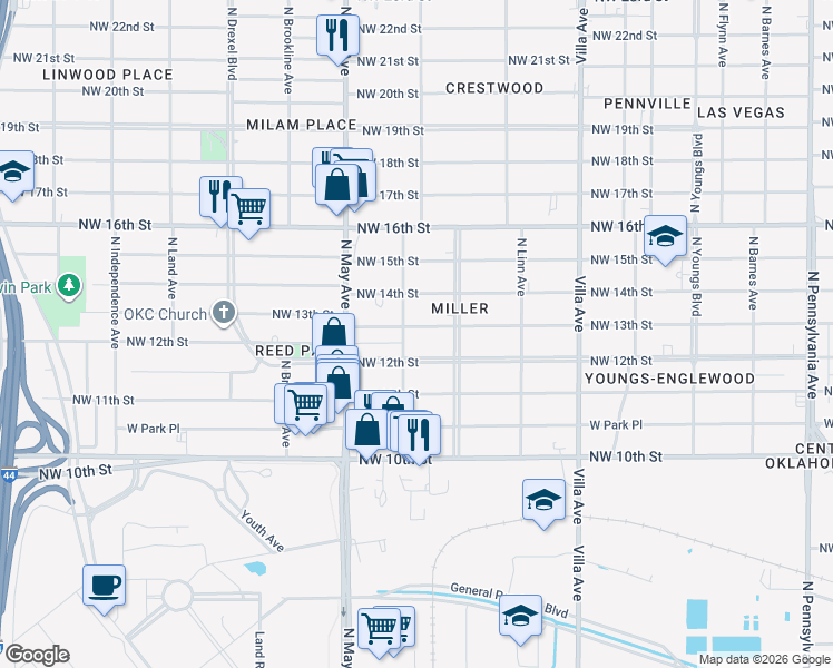 map of restaurants, bars, coffee shops, grocery stores, and more near 2730 Northwest 13th Street in Oklahoma City