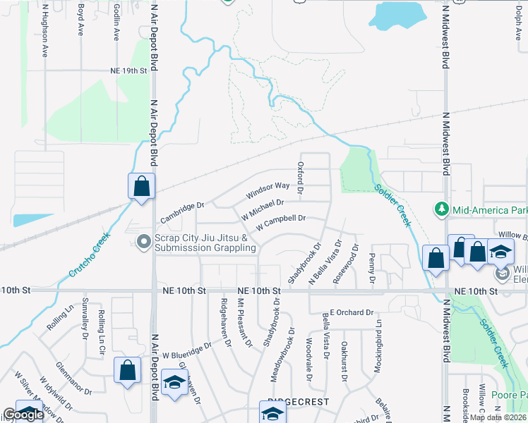 map of restaurants, bars, coffee shops, grocery stores, and more near 222 West Michael Drive in Midwest City