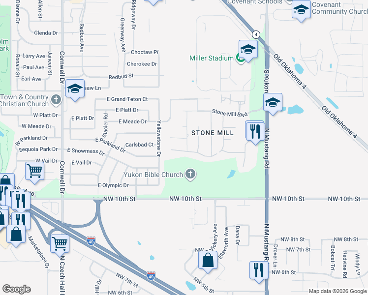 map of restaurants, bars, coffee shops, grocery stores, and more near 413 War Eagle Lane in Yukon