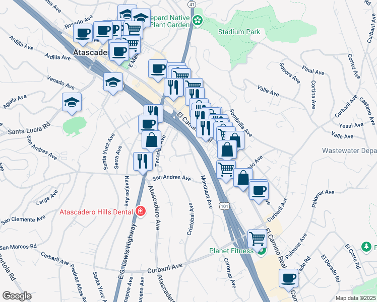 map of restaurants, bars, coffee shops, grocery stores, and more near 6755 Alcantara Avenue in Atascadero