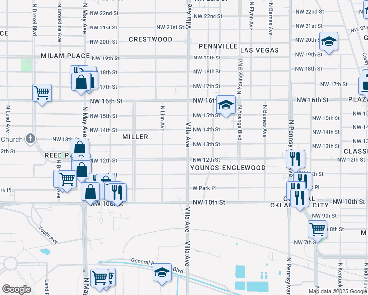 map of restaurants, bars, coffee shops, grocery stores, and more near 2504 Northwest 13th Street in Oklahoma City