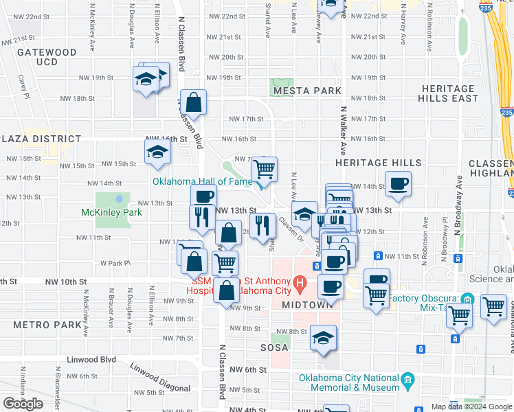 map of restaurants, bars, coffee shops, grocery stores, and more near 815 Northwest 13th Street in Oklahoma City