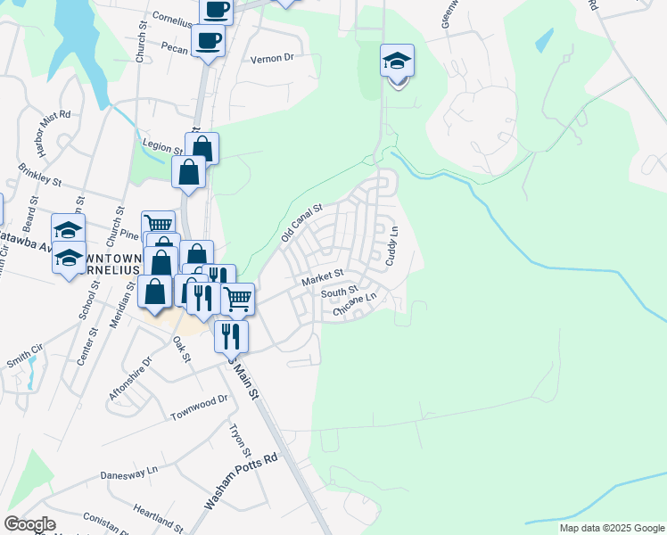 map of restaurants, bars, coffee shops, grocery stores, and more near 22218 Market Street in Cornelius