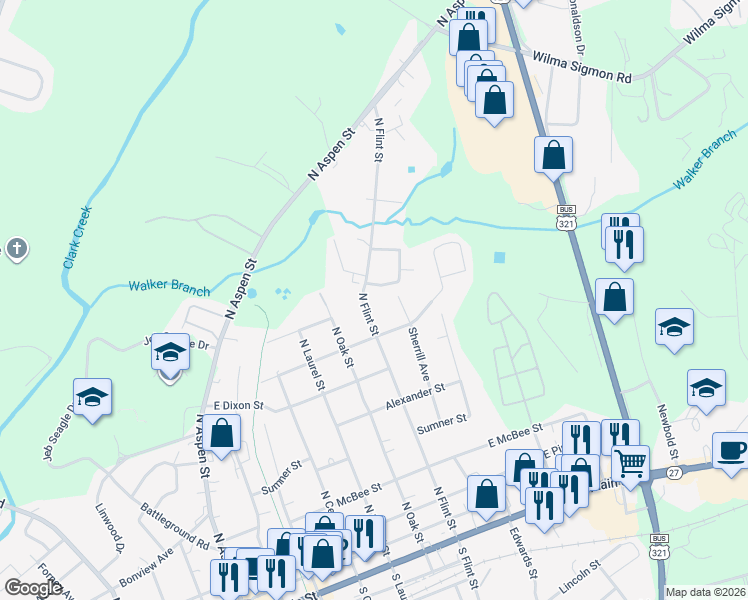 map of restaurants, bars, coffee shops, grocery stores, and more near 830 N Flint St in Lincolnton