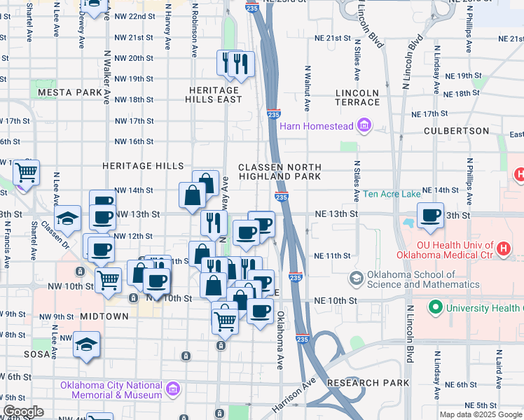 map of restaurants, bars, coffee shops, grocery stores, and more near 13 Northeast 13th Street in Oklahoma City