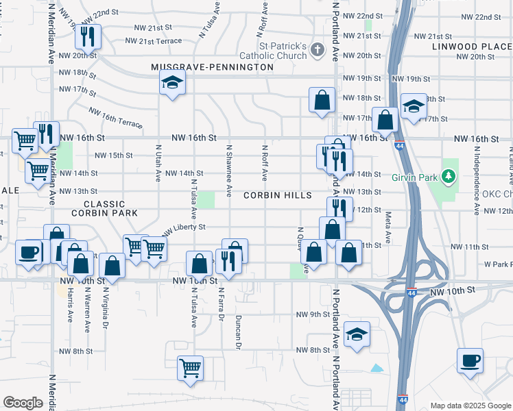 map of restaurants, bars, coffee shops, grocery stores, and more near 3909 Northwest 12th Street in Oklahoma City