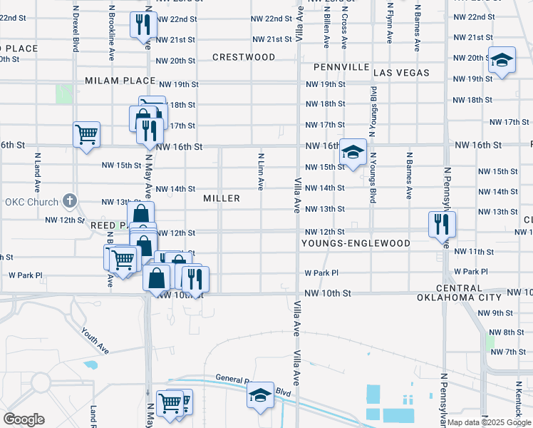 map of restaurants, bars, coffee shops, grocery stores, and more near 2540 Northwest 13th Street in Oklahoma City