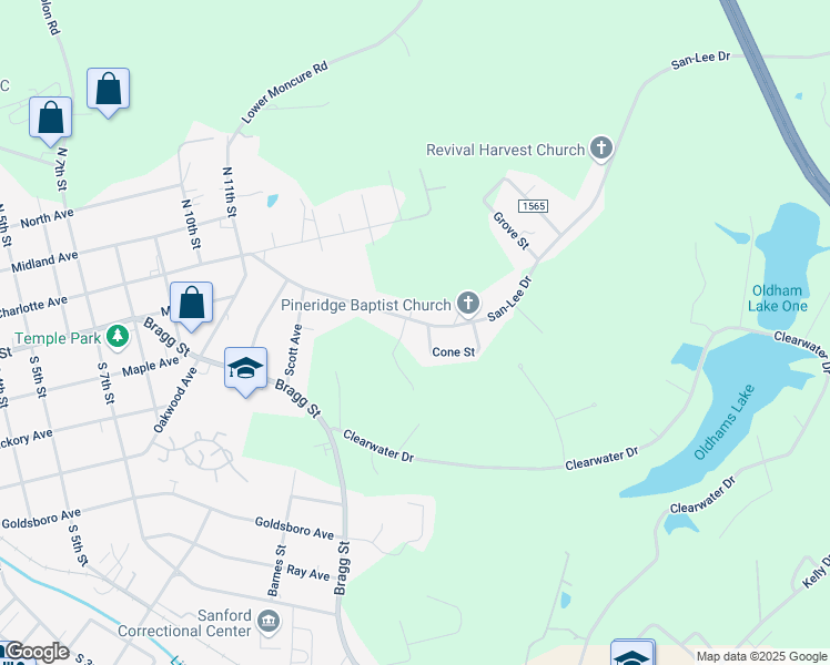 map of restaurants, bars, coffee shops, grocery stores, and more near 536 San-Lee Drive in Sanford