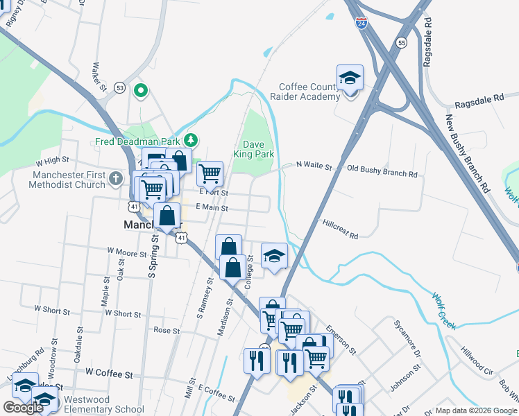 map of restaurants, bars, coffee shops, grocery stores, and more near 503 East Main Street in Manchester