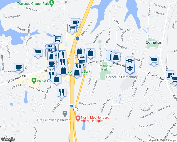 map of restaurants, bars, coffee shops, grocery stores, and more near 19629 South Hill Street in Cornelius