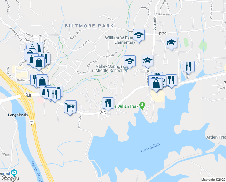 map of restaurants, bars, coffee shops, grocery stores, and more near 1201 Cranbrook Drive in Arden