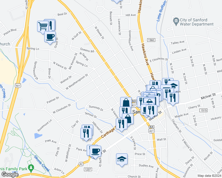 map of restaurants, bars, coffee shops, grocery stores, and more near 311 North Gulf Street in Sanford