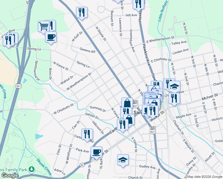 map of restaurants, bars, coffee shops, grocery stores, and more near 311 North Gulf Street in Sanford
