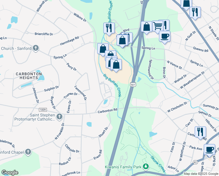 map of restaurants, bars, coffee shops, grocery stores, and more near 901 Wilkins Drive in Sanford