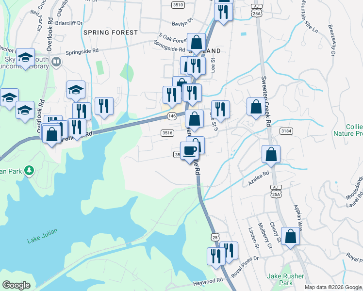 map of restaurants, bars, coffee shops, grocery stores, and more near 2123 Hendersonville Road in Arden