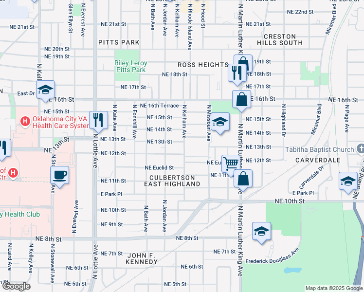 map of restaurants, bars, coffee shops, grocery stores, and more near 1628 Northeast 13th Street in Oklahoma City