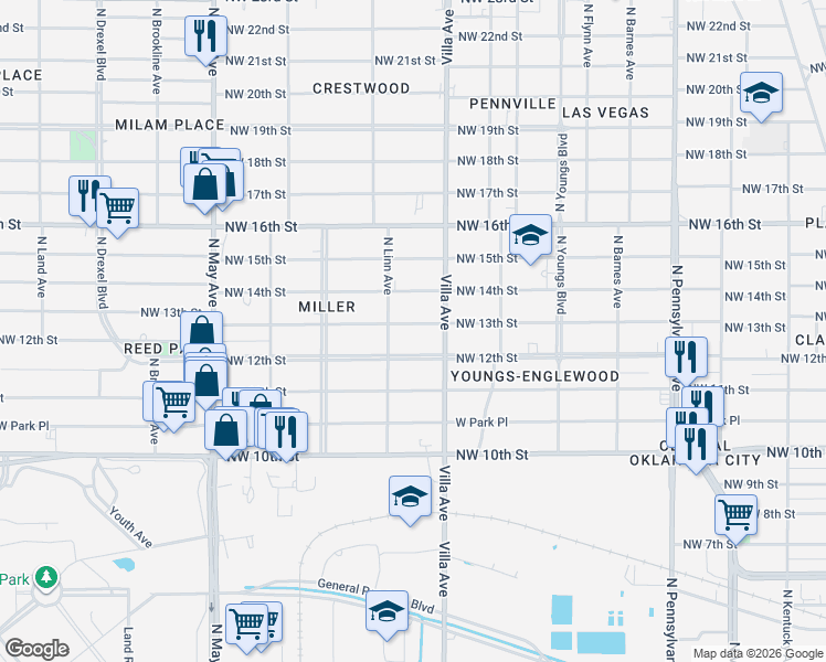 map of restaurants, bars, coffee shops, grocery stores, and more near 2540 Northwest 13th Street in Oklahoma City