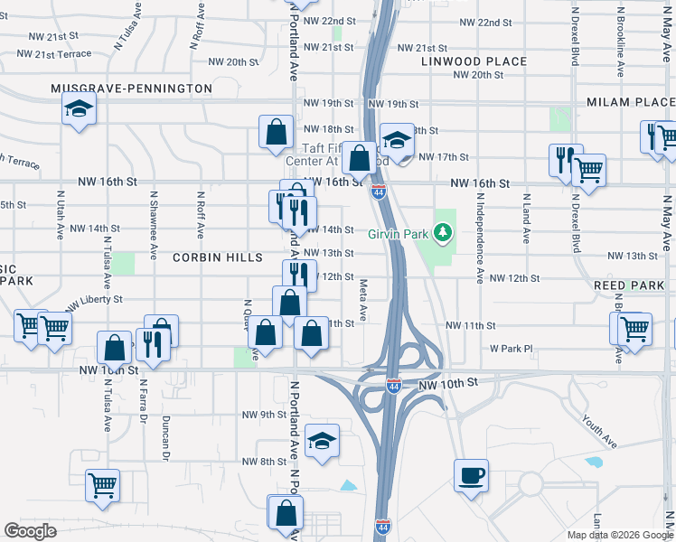 map of restaurants, bars, coffee shops, grocery stores, and more near 3543 Northwest 12th Street in Oklahoma City