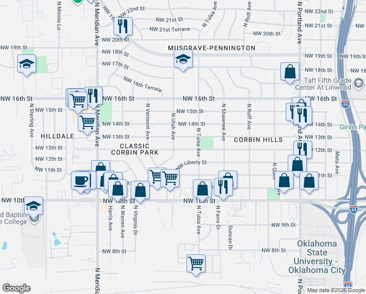 map of restaurants, bars, coffee shops, grocery stores, and more near 4113 Northwest 12th Street in Oklahoma City