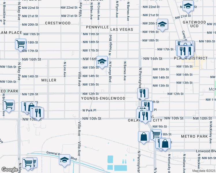 map of restaurants, bars, coffee shops, grocery stores, and more near 2302 Northwest 13th Street in Oklahoma City