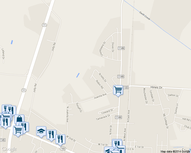 map of restaurants, bars, coffee shops, grocery stores, and more near 3815 Robin Road in Ayden