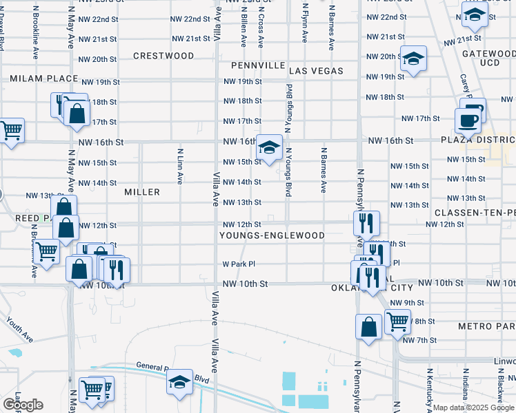 map of restaurants, bars, coffee shops, grocery stores, and more near 2336 Northwest 13th Street in Oklahoma City