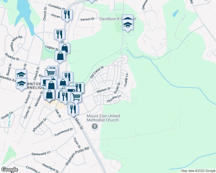 map of restaurants, bars, coffee shops, grocery stores, and more near 22214 Market Street in Cornelius