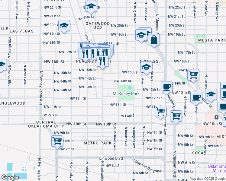 map of restaurants, bars, coffee shops, grocery stores, and more near 1612 Northwest 13th Street in Oklahoma City