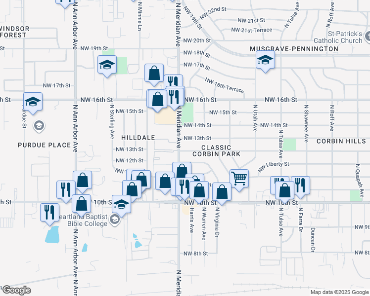 map of restaurants, bars, coffee shops, grocery stores, and more near 4425 Northwest 12th Street in Oklahoma City