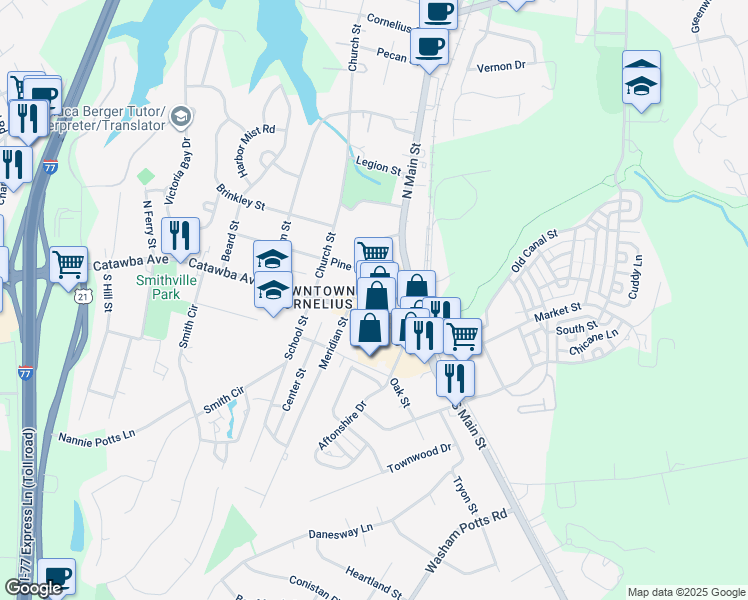 map of restaurants, bars, coffee shops, grocery stores, and more near 21315 Newcenter Drive in Cornelius