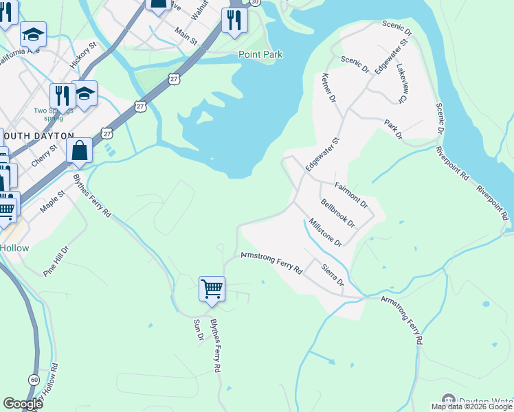 map of restaurants, bars, coffee shops, grocery stores, and more near 279 Edgewater Street in Dayton