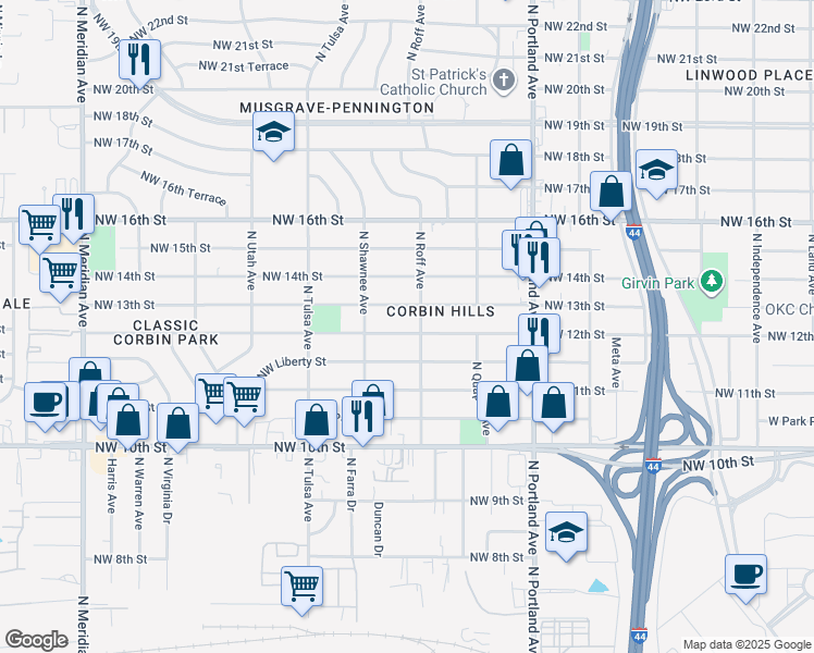 map of restaurants, bars, coffee shops, grocery stores, and more near 3909 Northwest 12th Street in Oklahoma City
