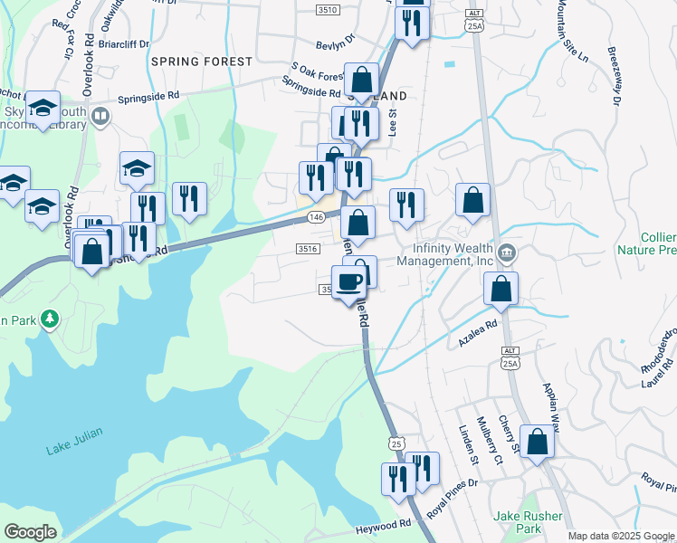 map of restaurants, bars, coffee shops, grocery stores, and more near 2123 Hendersonville Road in Arden
