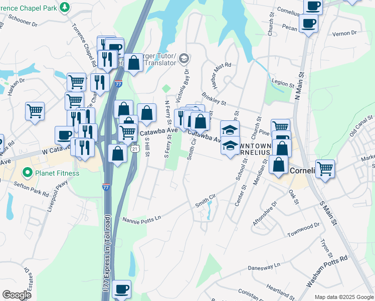 map of restaurants, bars, coffee shops, grocery stores, and more near 19701 Smith Circle in Cornelius