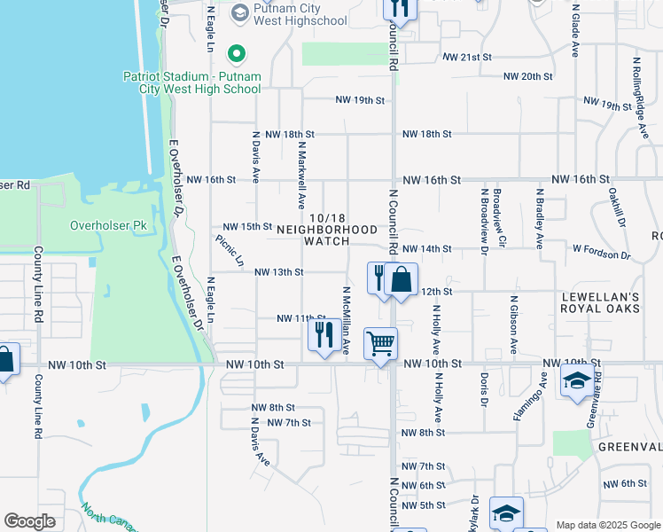 map of restaurants, bars, coffee shops, grocery stores, and more near 8117 Northwest 13th Street in Oklahoma City