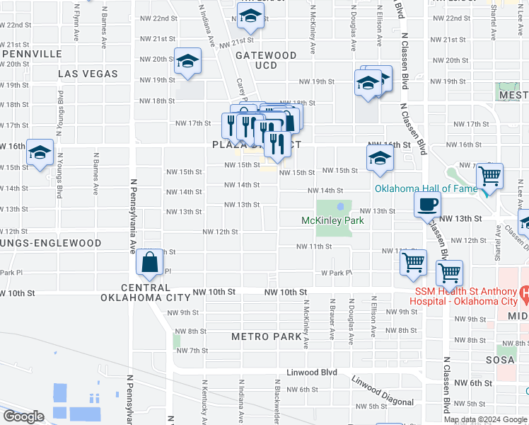 map of restaurants, bars, coffee shops, grocery stores, and more near 1316 North Gatewood Avenue in Oklahoma City