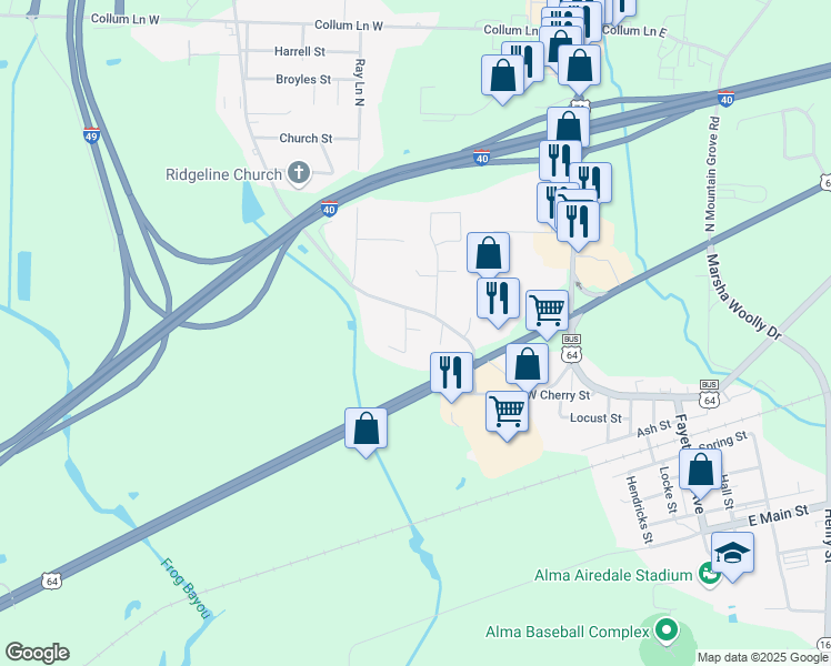 map of restaurants, bars, coffee shops, grocery stores, and more near 140 Meadors Lane in Alma