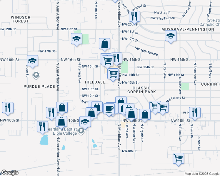 map of restaurants, bars, coffee shops, grocery stores, and more near 1309 North Meridian Avenue in Oklahoma City