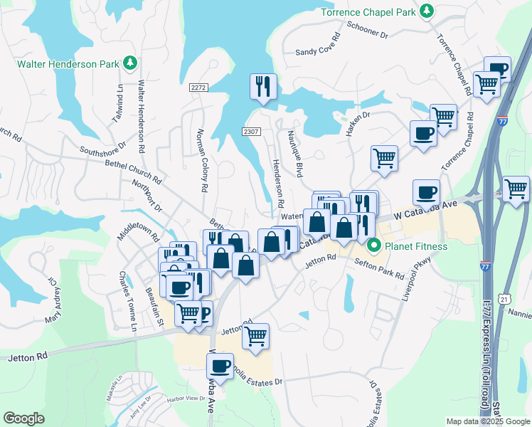map of restaurants, bars, coffee shops, grocery stores, and more near 19835 Henderson Road in Cornelius