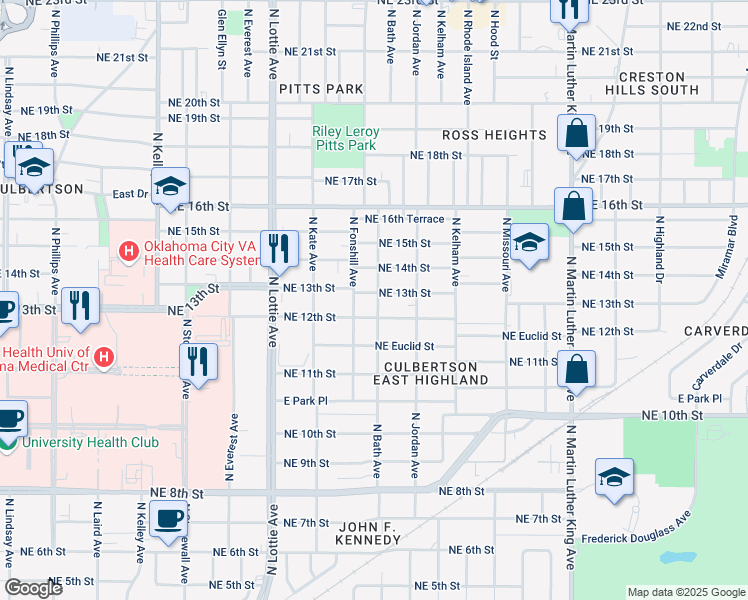 map of restaurants, bars, coffee shops, grocery stores, and more near 1500 Northeast 13th Street in Oklahoma City
