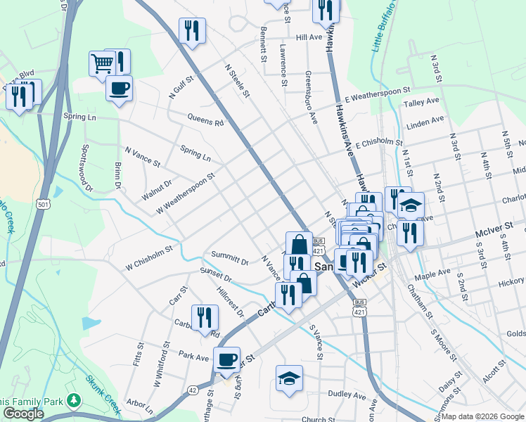 map of restaurants, bars, coffee shops, grocery stores, and more near 311 North Gulf Street in Sanford