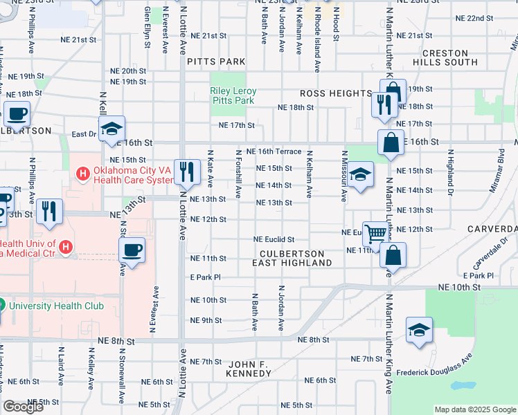 map of restaurants, bars, coffee shops, grocery stores, and more near 1500 Northeast 13th Street in Oklahoma City