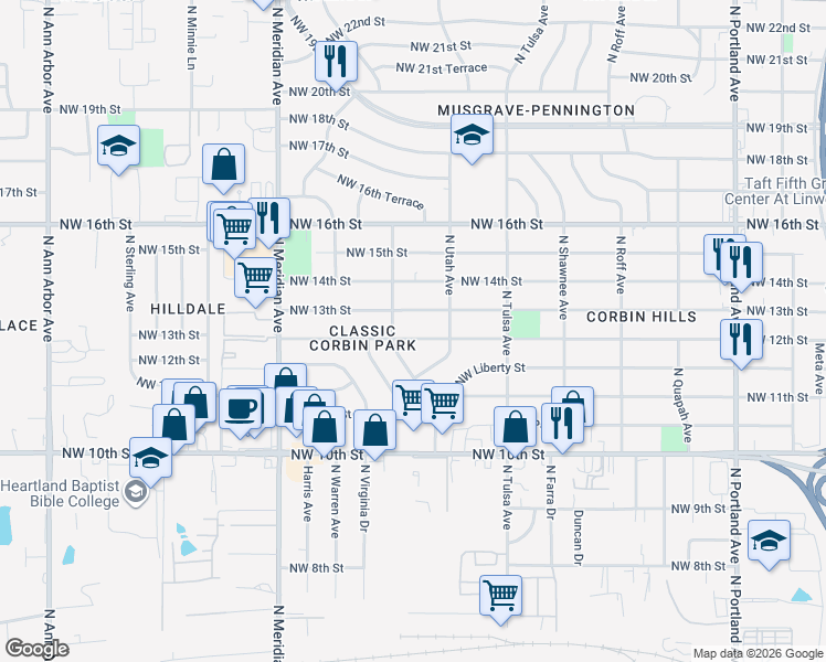 map of restaurants, bars, coffee shops, grocery stores, and more near 4227 Northwest 12th Street in Oklahoma City