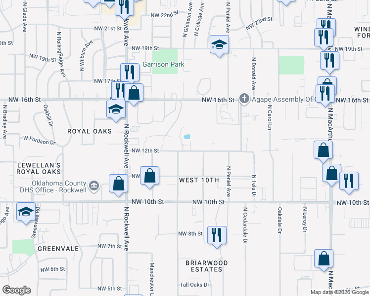 map of restaurants, bars, coffee shops, grocery stores, and more near 6809 Northwest 12th Street in Oklahoma City