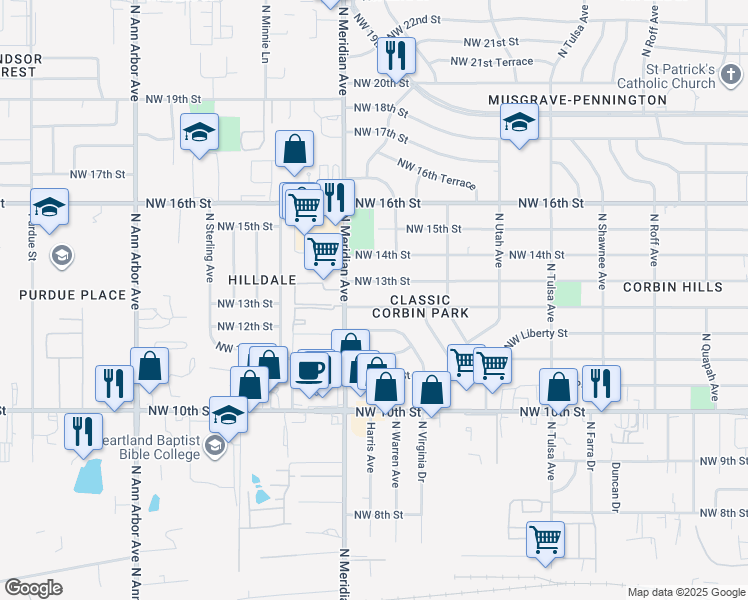 map of restaurants, bars, coffee shops, grocery stores, and more near 4425 Northwest 12th Street in Oklahoma City